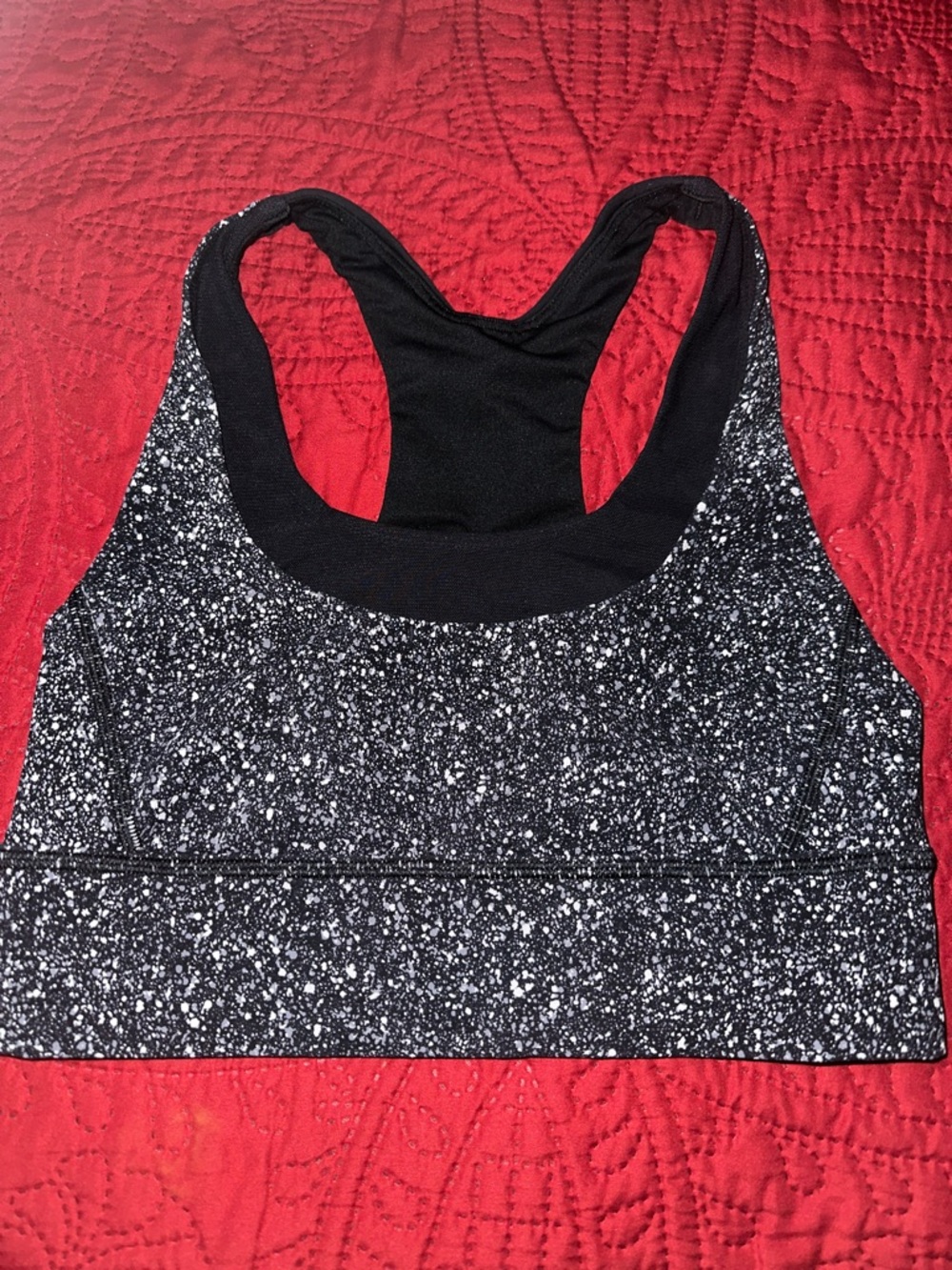 lululemon Run Stuff Your Bra (long line) mini splatter white black print size 6